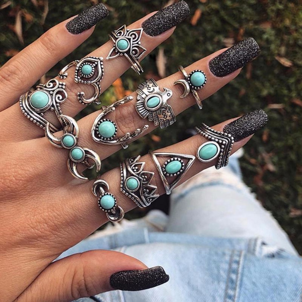 'Warrior' 11-piece Turquoise Boho Silver Ring Set